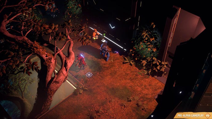 Three heroes stand in an overgrown area of the abandoned space station in Endless Dungeon.