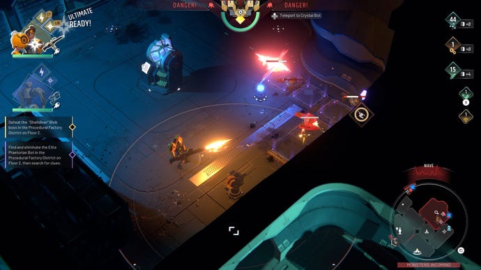 The players fires a minigun at an evil bot in Endless Dungeon.