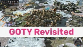 A screenshot of a strange city in an icy landscape in the 4X game Endless Legend, with a text banner in pink reading GOTY Revisited over the top