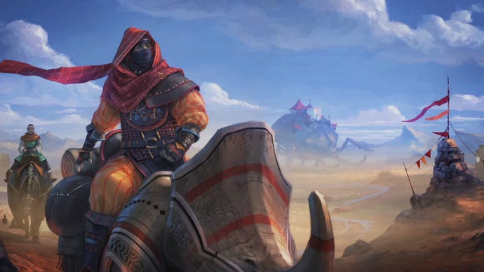 A Roving Clans rider navigates a desert with their brethren in an Endless Legend cinematic.