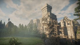 An establishing shot of a castle in Enshrouded, with scaffolds along the near wall.