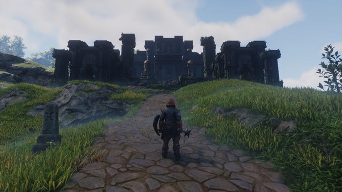 The player in Enshrouded stands in front of the Farmer Ancient Vault.