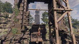 The player in Enshrouded uses their Grappling Hook to swing across a gap in a bridge.