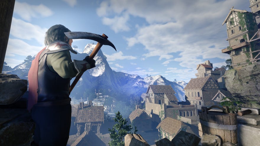 A player in Enshrouded wielding a pickaxe looks out at a town.
