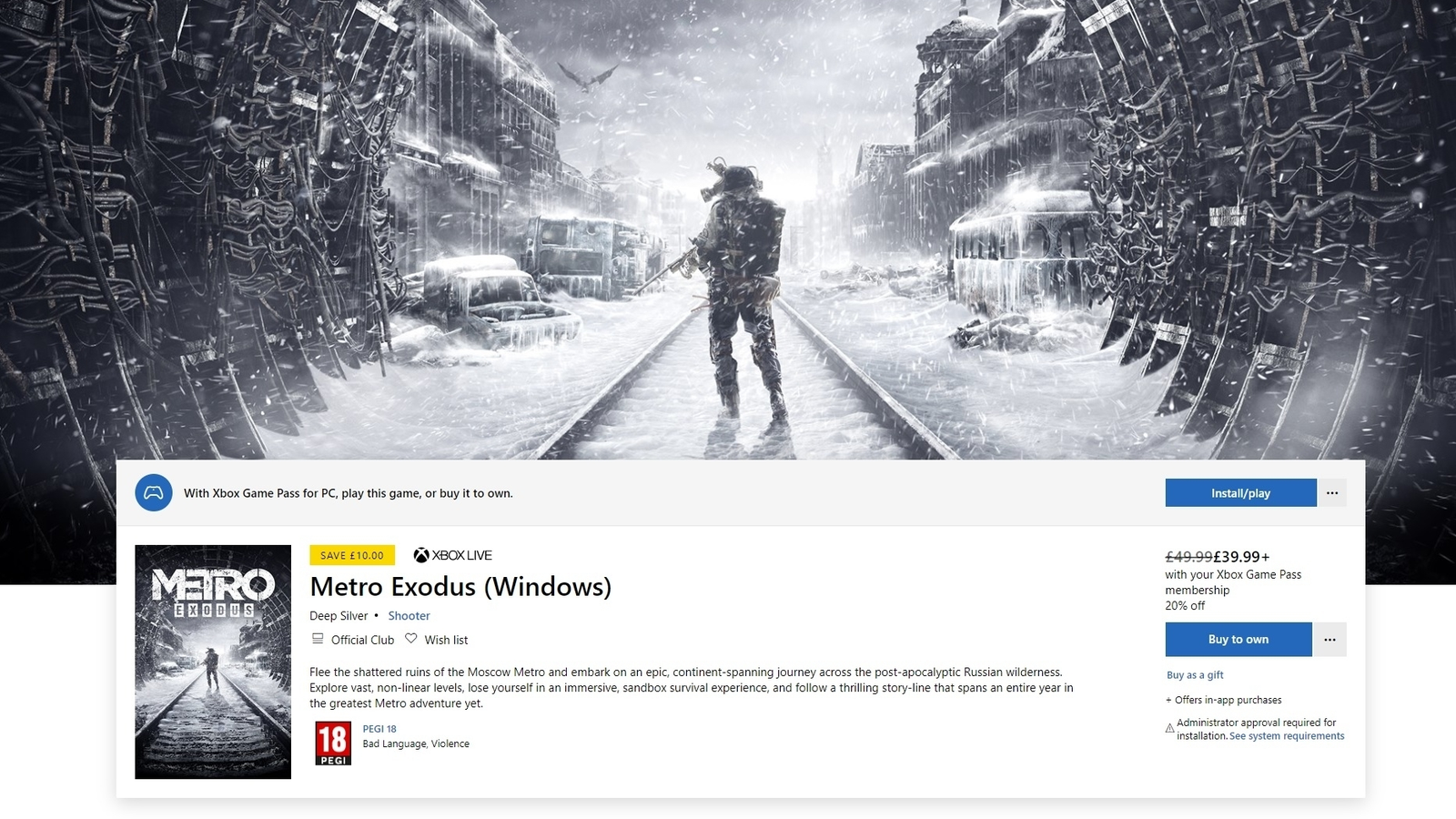 Epic Games store exclusive Metro Exodus PC is available to buy on the Microsoft  Store 