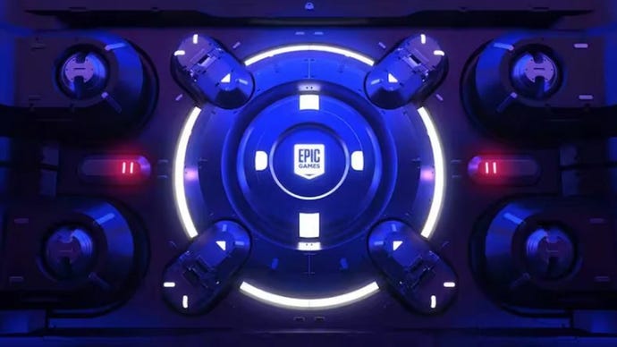 A bank vault door bathed in blue light, with smaller red emergency lights on either side. The Epic Games logo is on the door.