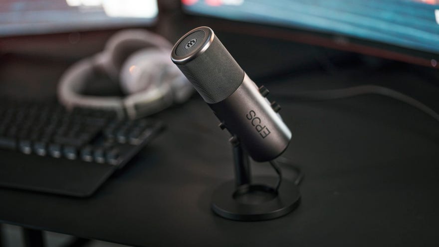 The EPOS B20 microphone on a gaming desk