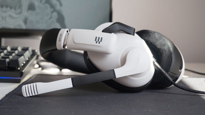 The EPOS H3 gaming headset from the side, showing the flip-down microphone