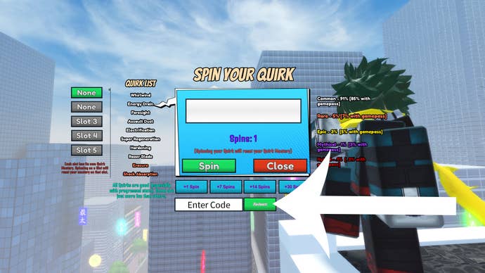 Arrow pointing at where players can redeem codes in Era of Quirks.