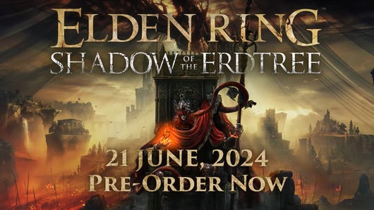 Elden Ring Shadow Of The Erdtree promo art showing a monstrous figure on a throne