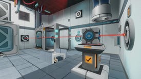 A puzzle room in Escape Simulator's Portal DLC, showing a laser passing through a cube