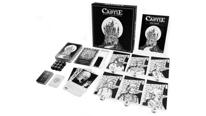 Escape the Dark Castle horror board game box and components