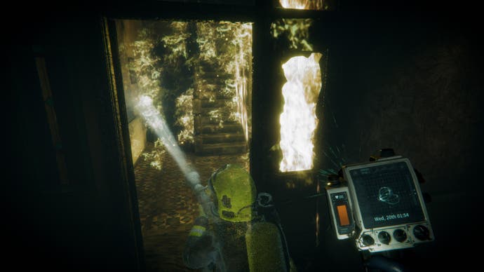 Eternal Threads review - your scanner in your right hand, you look towards a doorway to a house on fire, with a ghostly firefighter trying to put it out