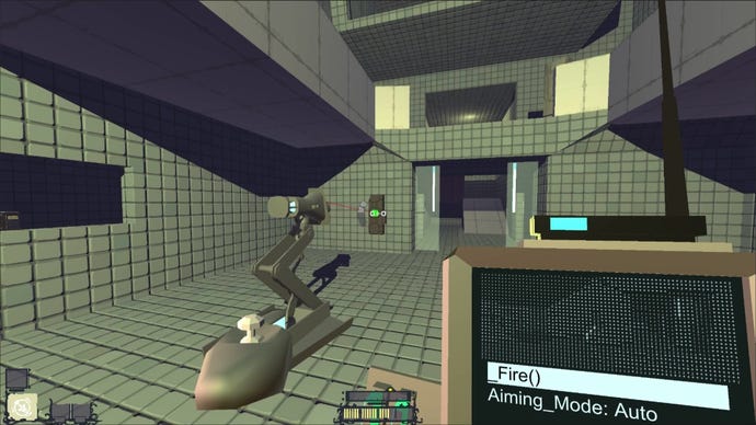 Une pièce dans la simulation immersive pacifiste ETOS, montrant une tourelle laser et son ordinateur de contrôle à l'écran