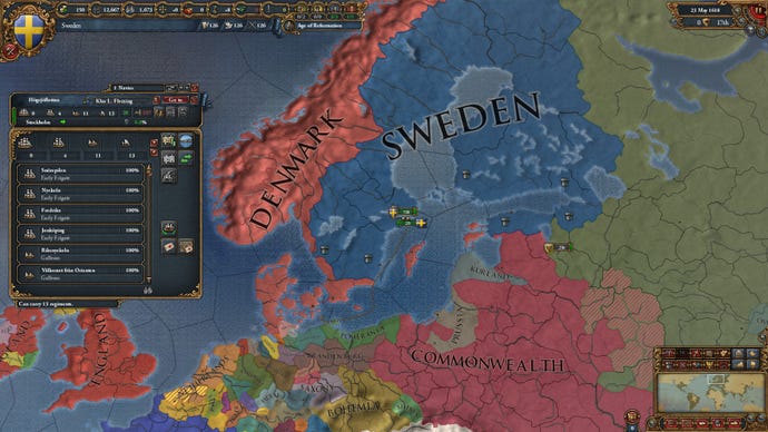 Uma tela de mapa mostrando a Dinamarca, a Suécia e a Commonwealth na Europa Universalis IV
