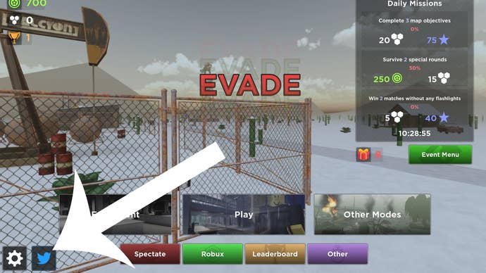 The opening menu screen for Roblox game Evade showing the button you need to press to redeem a code highlighted with a white arrow