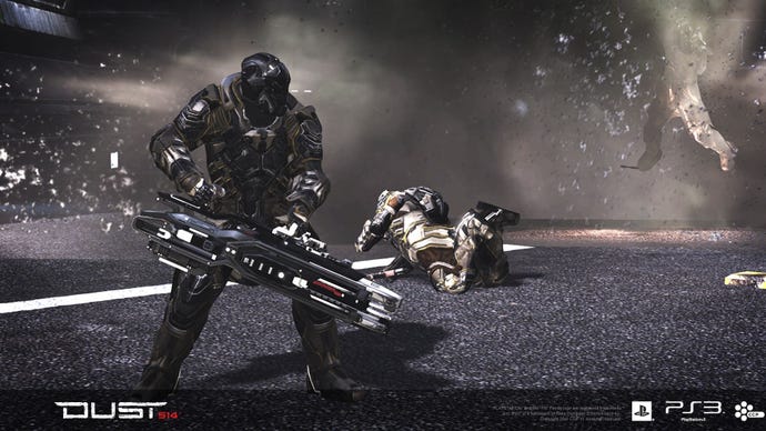 A shooty man with a massive gun in a promotional screenshot for Dust 514