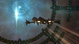 A Rifter flying through space in an Eve Online screenshot.