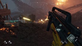 A player looks at their gun in a sci-fi hellscape in EVE Vanguard.