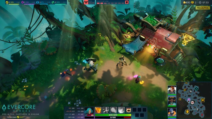 Heroes check out a shop located in the thick of a jungle in Evercore Heroes.