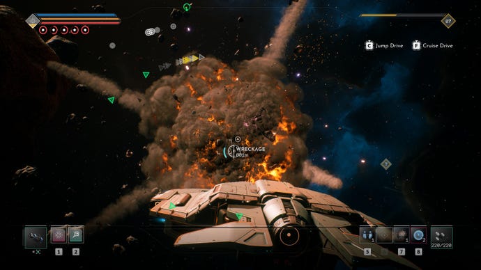 Shooting an enemy ship into a cloud of space dust in Everspace 2
