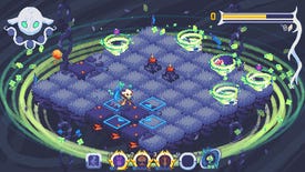 A screenshot of Evertried, showing an isometric pixel art grid surrounded by a green swirl, several small green tornadoes, and a scythe-wielding protagonist who looks cross.
