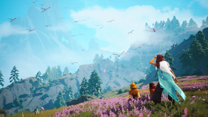 The key art for Everwild, showing three people in a floral meadow looking towards distant mountains.