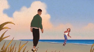 Cropped illustrated panel featuring two figures on a beach