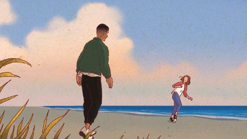 Cropped illustrated panel featuring two figures on a beach