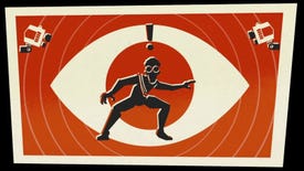 A retro 60s-style graphic from an Evil Genius 2 loading screen, showing the black figure of a spy caught in a giant red and white eye representing security cameras.