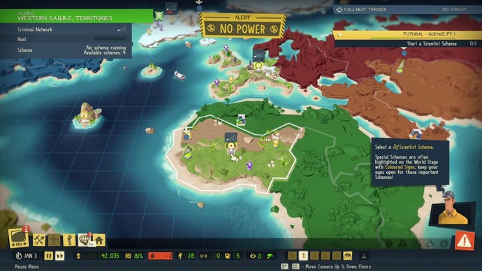 The global control screen from Evil Genius, a top down map of the globe from where you can direct schemes and scout new regions. In the screenshot it is centred on Africa.