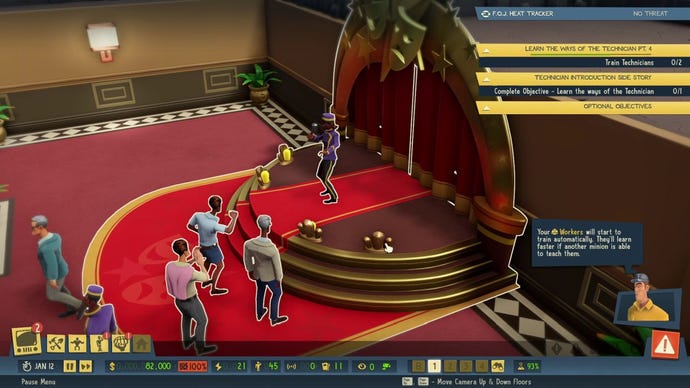 A special Valet minion, in a purple suit, distracting tourists by singing on stage in the casino front operation in Evil Genius 2