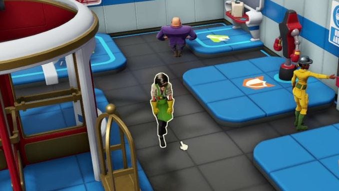 A tech minion in Evil Genius 2, walking out of the training room. They are wearing huge goggles and big yellow gloves, and a green apron, and walking with their shoulders slumped and arms pointing straight down.