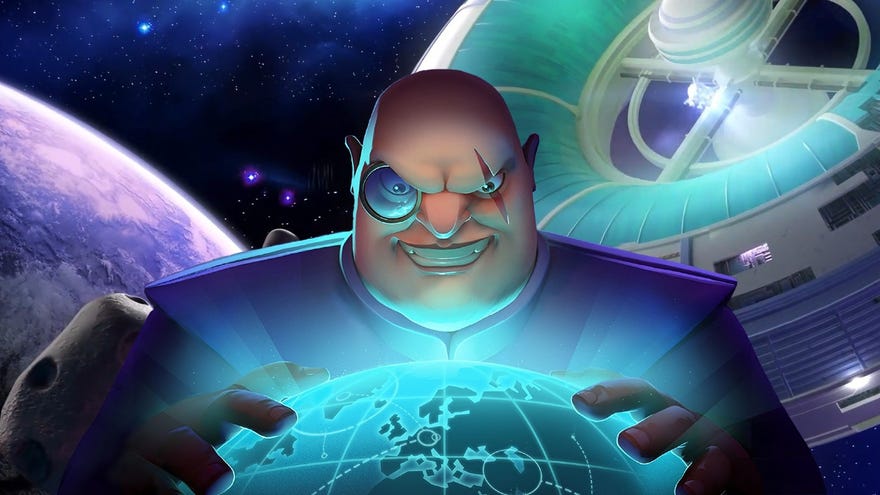 An Evil Genius photoshopped over Spacebase Startopia's big donut space station.