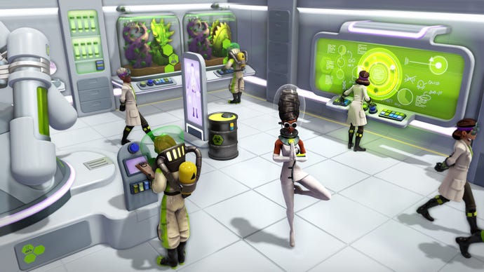 A gaggle of scientists in Evil Genius 2, they're wearing lab coats and looking at freaky green fluids.