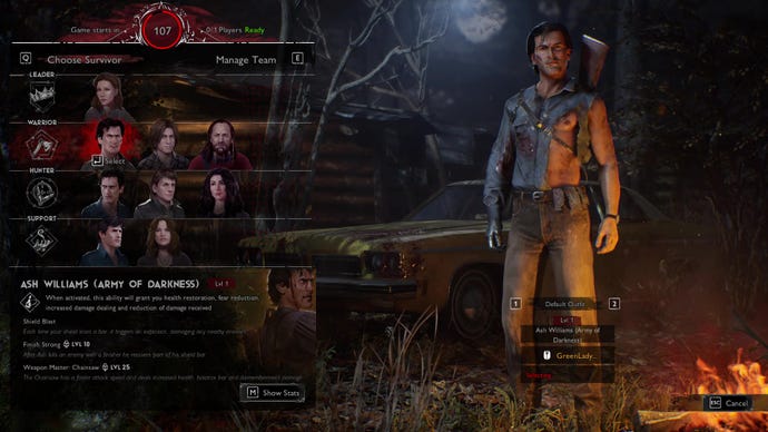 The player selection screen from Evil Dead: The Game, with Ash Williams (Army of Darkness) selected by a Survivor player.