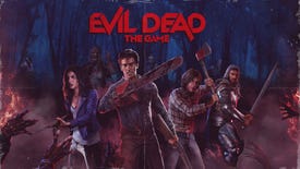 Key art from Evil Dead: The Game, showing Kelly, Ash, Scotty, and Lord Arthur against a sinister forest background. Henrietta and several other Deadites leer at them from the background.