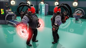 A screenshot of Evil Genius 2's Cabal Pack, showing new super agent Espectro who wears a waistcoat, has big muscles, and has a head that's a glass bowl filled with red mist.