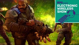 A screenshot showing two burly soldiers, one masculine and one feminine, holding big weapons and backlit by a green explosion. The Electronic Wireless Show logo is in the top right corner