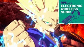 Teen Gohan in Dragonball FighterZ gearing up for a fight. The green Electronic Wireless Show Podcast logo is in the top right corner