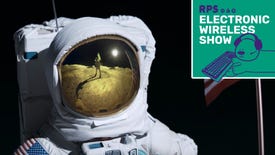 A headshot of an astronaut on the moon; the green Electronic Wireless Show podcast logo is in the top right corner
