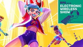 A blue-haired character about to throw the ball in knockout city, with the square green ews podcast logo in the top right corner