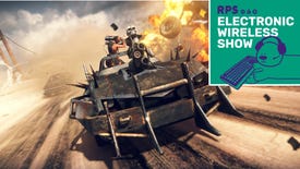 A screenshot of the game Mad Max, where Max drives his souped up yet rusty car towards the camera, explosions in the background. The Electronic Wireless Show podcast logo is superimposed on the upper right hand corner