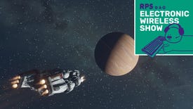 The player's ship in Starfield flying towards a planet. The Electronic Wireless Show green podcast logo is visible in the top right corner