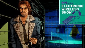 Bigby stands smoking a cigarette in an apartment complex courtyard in a The Wolf Among Us 2 screenshot. The RPS Electronic Wireless show podcast, a green square with the name and a drawing of a bear, is in the top right corner