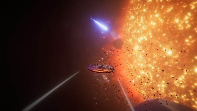 A screenshot of Exo One showing a disc rocketing towards a star.