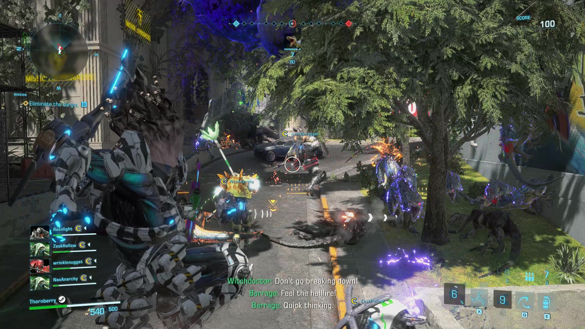 A Grenadier Exosuit leaps into the air and prepares to rain fire into Exoprimal.