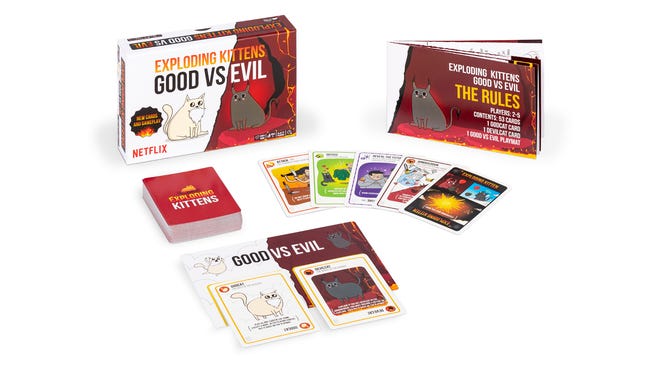 An image of the box and cards for Exploding Kittens: Good vs Evil.