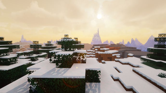 The tops of snow-capped trees in Minecraft.