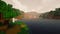 A screenshot of a river in Minecraft, with some trees on either side of the bank and a hill in the distance, taken using Exposa shaders.